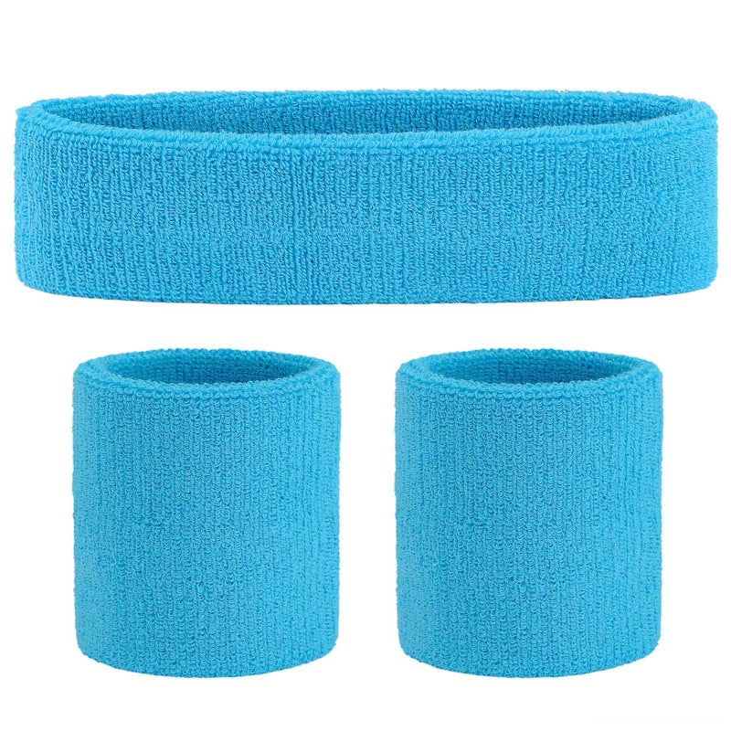 ONUPGO Sweatband Set Sports Headband Wrist Striped Sweatbands Terry Cloth Wristband Athletic Exercise Basketball Wrist Sweatband and Headbands Moisture Wicking Sweat Absorbing Head Band Neon Blue - Image 1
